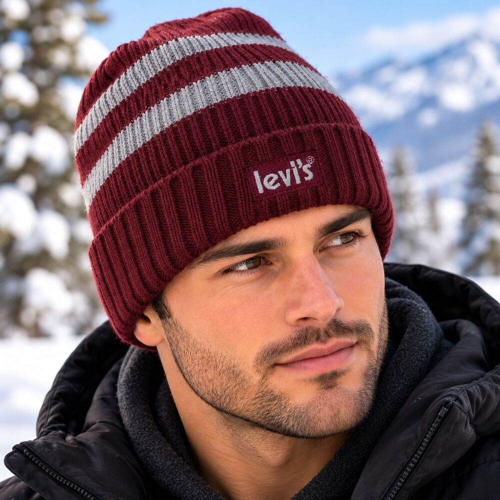 Levi's Hat Beanie Knit Mens One Size Red Gray Stripe Fleece Lined Winter